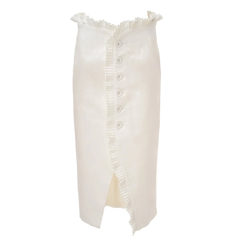 AMUR Paulina Ruffle Stretch Organic Cotton Midi Length White Button Skirt Size 4